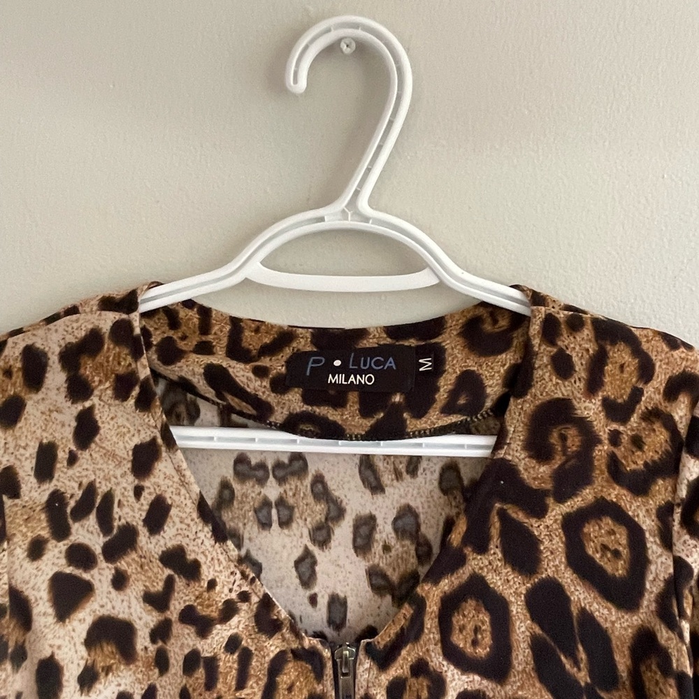 BROWN BLACK CREAM LEOPARD PRINT LOMG SLEEVE DRESS EXPOSED ZIPPER FRONT CLOSURE - Picture 4 of 9